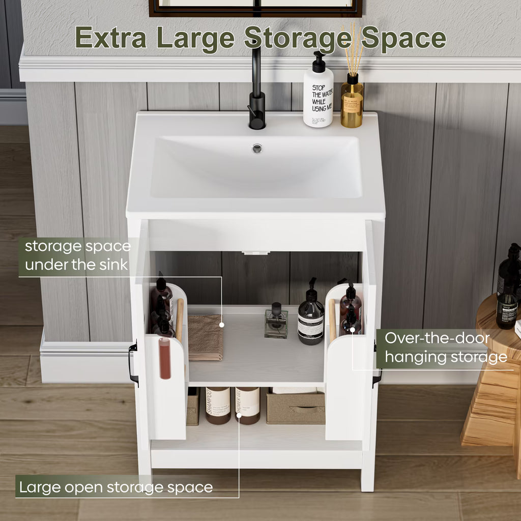 EVOKEDEN 24" Bathroom Vanity with Sink, Freestanding Modern Cabinet Vanity with LED Light, 2 Soft Closing Cabinet Door with Organizer, White