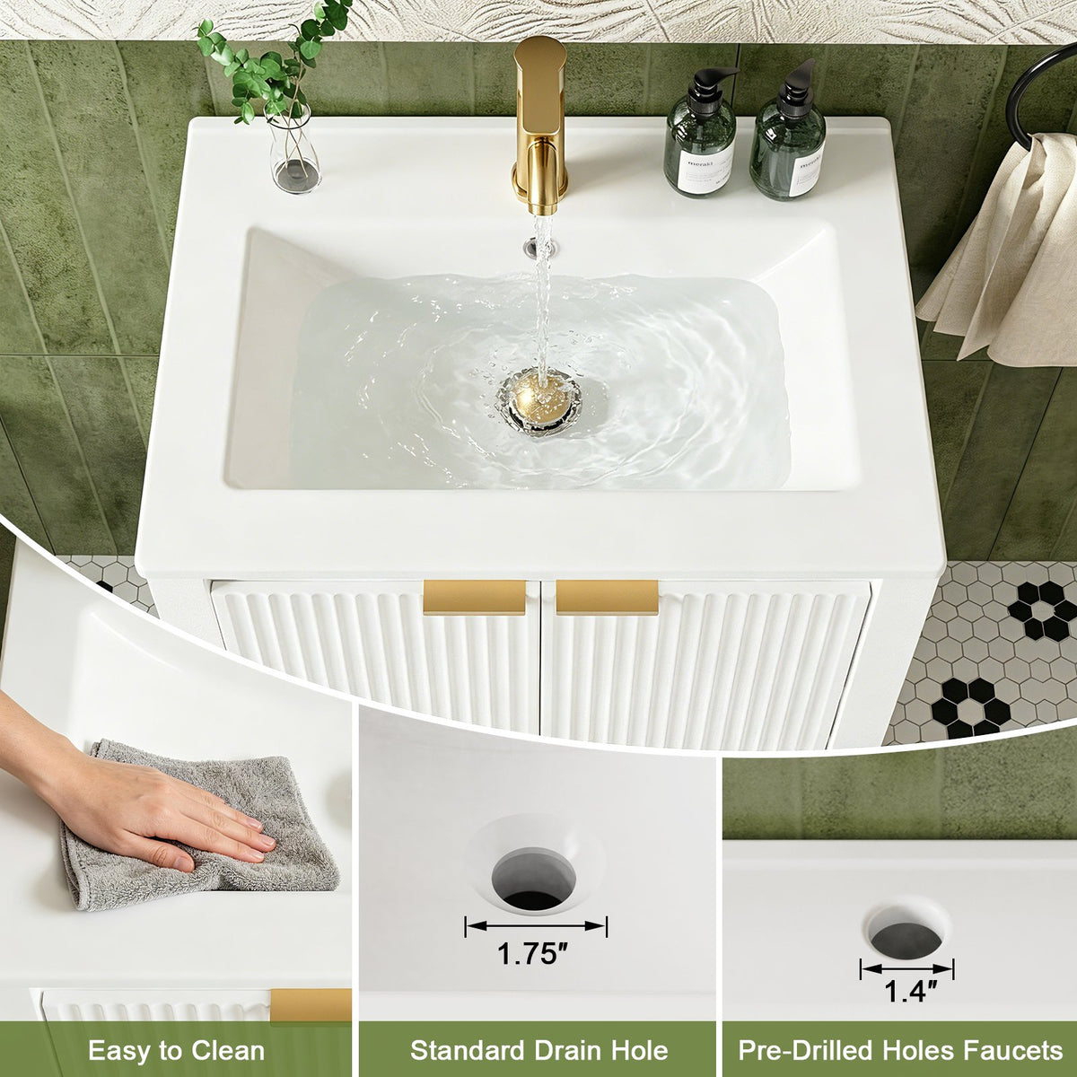 EVOKEDEN 24" Bathroom Vanity with Sink, Freestanding Vanity Cabinet with Soft-Close Doors, White