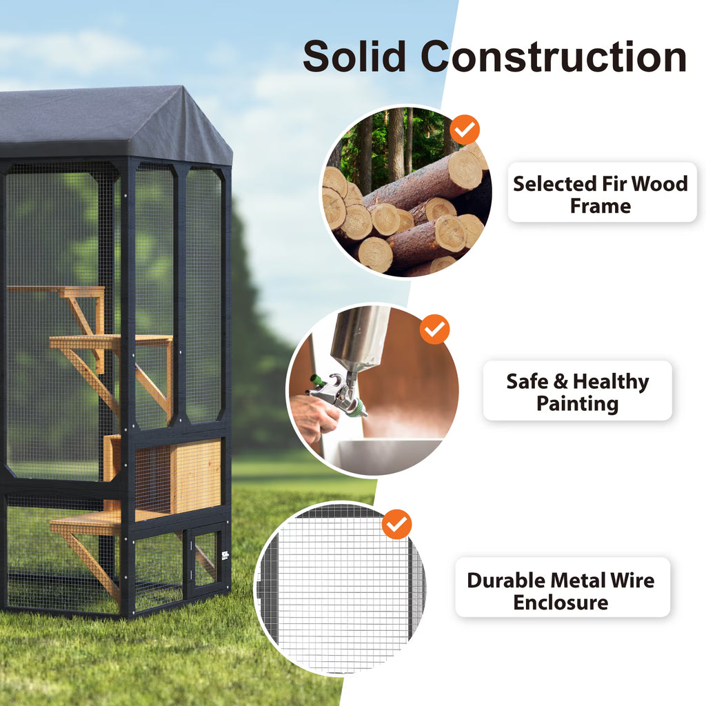 TIMHAKA 72” Catio Outdoor Cat Enclosure, Large Cat Catio for Multiple Cats, Outdoor Cats Enclosure with Waterproof Cover, Black & Yellow