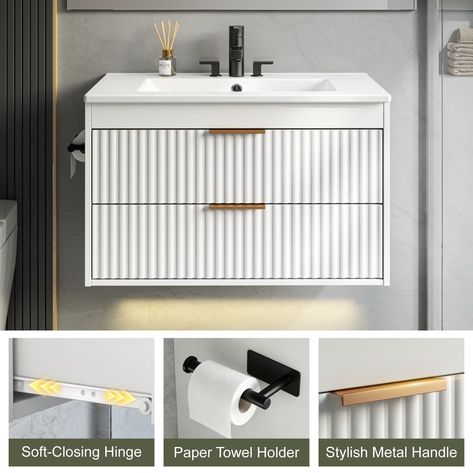 EVOKEDEN 30” Floating Bathroom Vanity with Sink, Wall-Mounted Vanity with 2 Drawers & LED Light, White