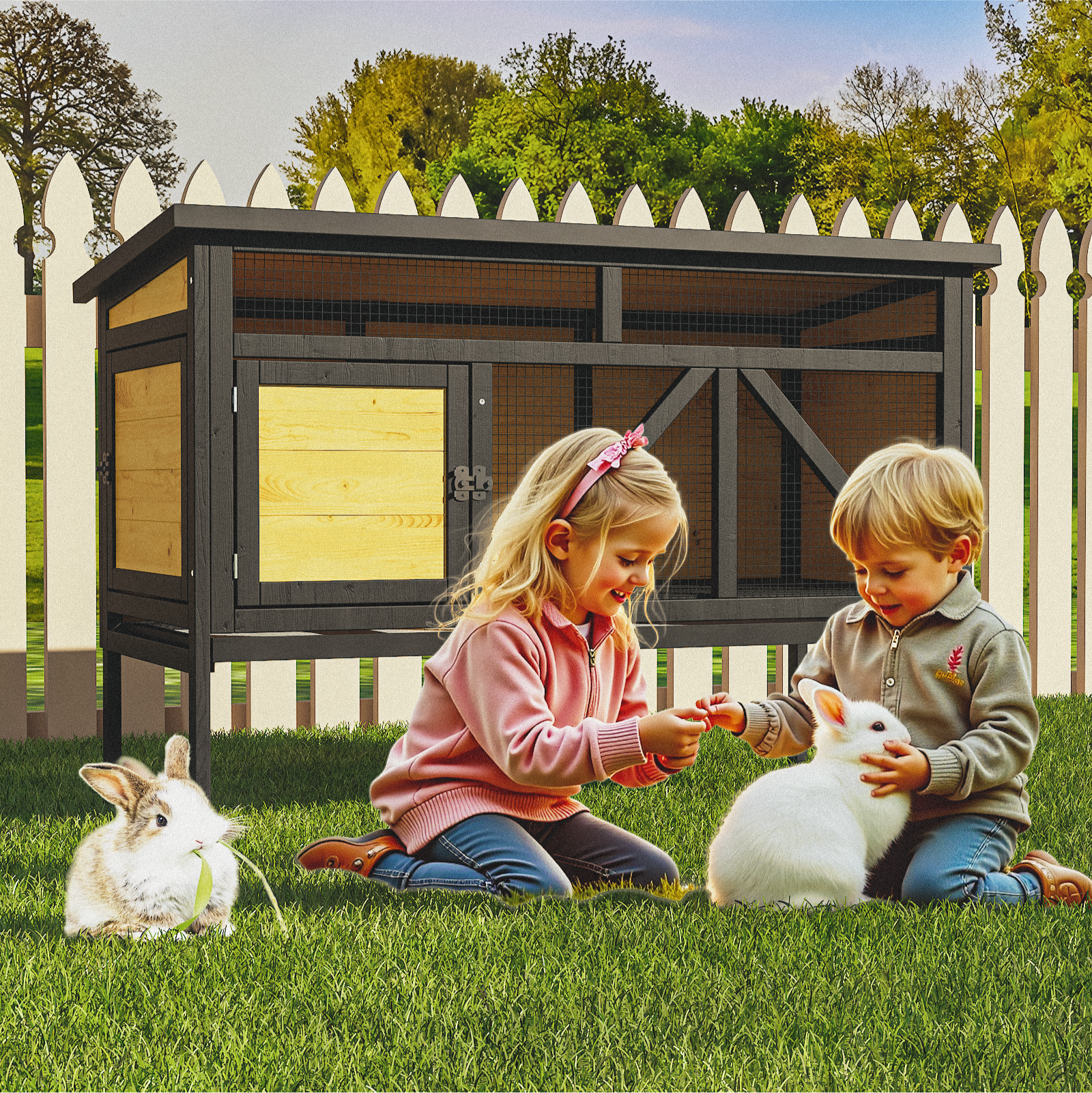 46.7" Elevated Rabbit Cage, Indoor & Outdoor Rabbit Hutch, Bunny Cage for Guinea Pig, Wooden Design with Removable Tray, Waterproof Asphalt Roof & Bottom Wire Mesh for Small-Medium Animals