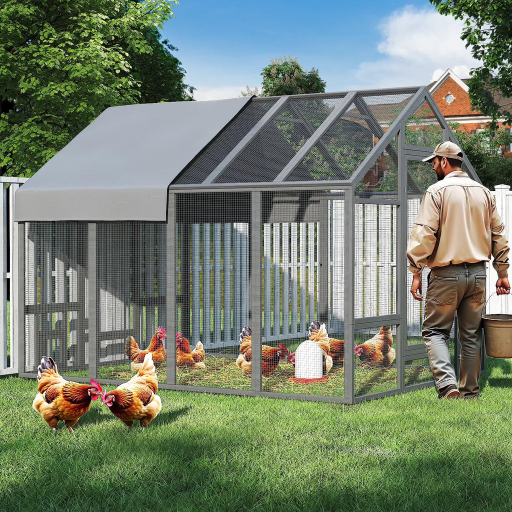 TIMHAKA 96” Outdoor Large Chicken Coop, Wooden Chicken Run w/ Cover for 12 Chickens, Gray
