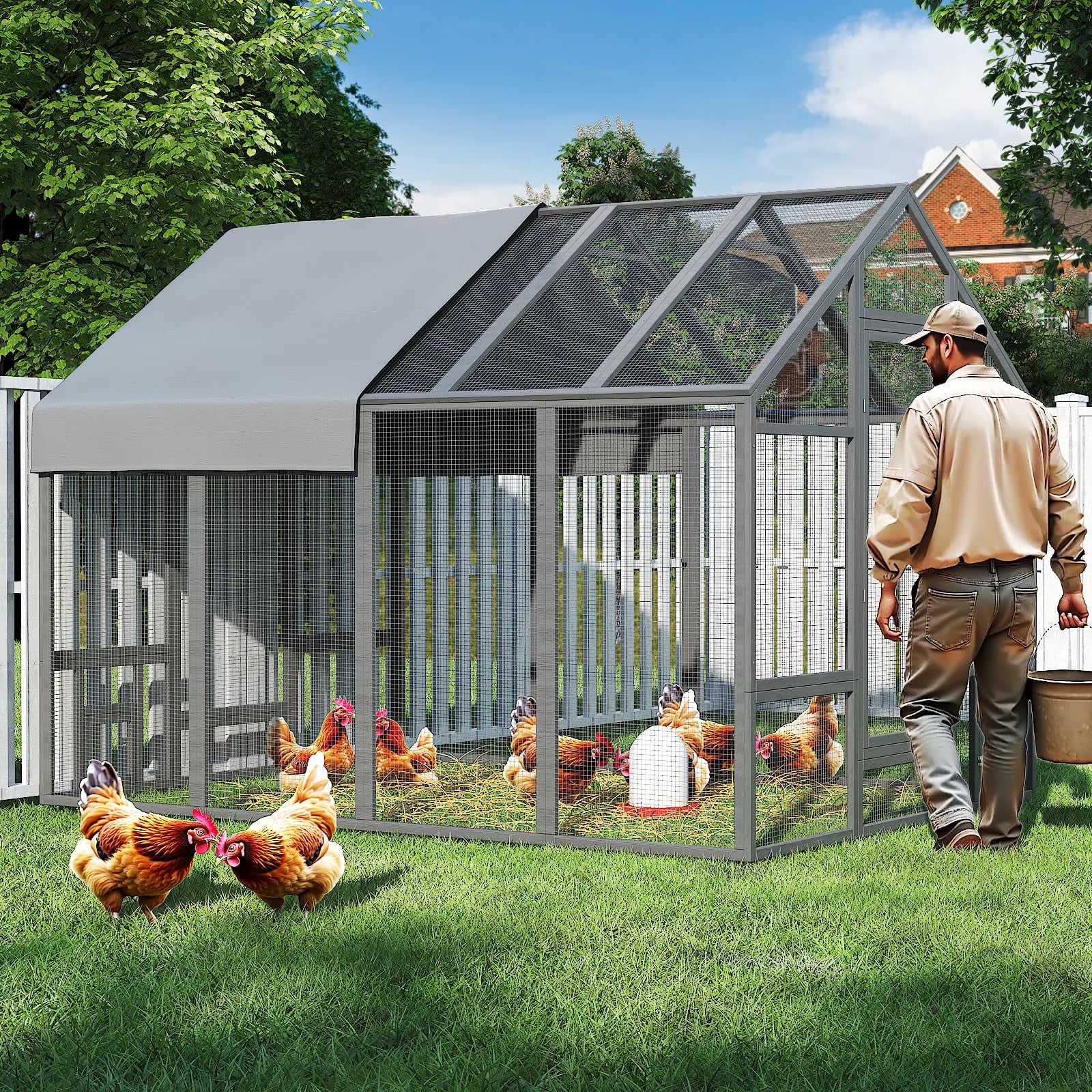 TIMHAKA 96” Outdoor Large Chicken Coop, Wooden Chicken Run w/ Cover for 12 Chickens, Gray