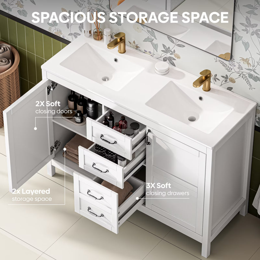 EVOKEDEN 48'' Bathroom Vanity with Sink Combo, Freestanding Farmhouse Thickened Wood Bathroom Storage Cabinet with Undermount Double Sink, 3 Drawers & 2 Soft-Close Doors with Organizers, White