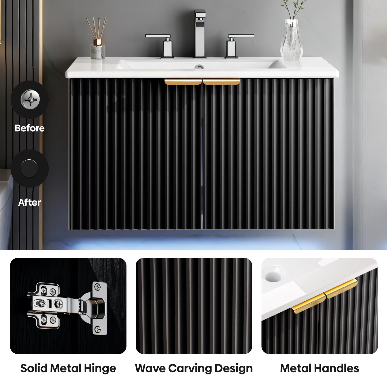 EVOKEDEN 30" Wall Mounted Floating Vanity Cabinet w/ LED Light, Metal Handle & Double Soft-Close Doors, Black