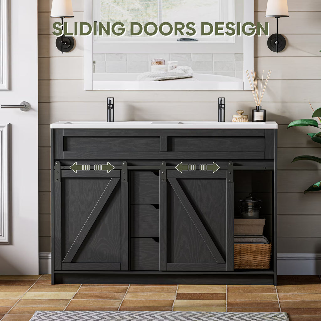 EVOKEDEN 48" Bathroom Vanity with Double Sink Combo, Farmhouse Bathroom Cabinet Set with Sliding Barn Door & 3 Drawers, Black