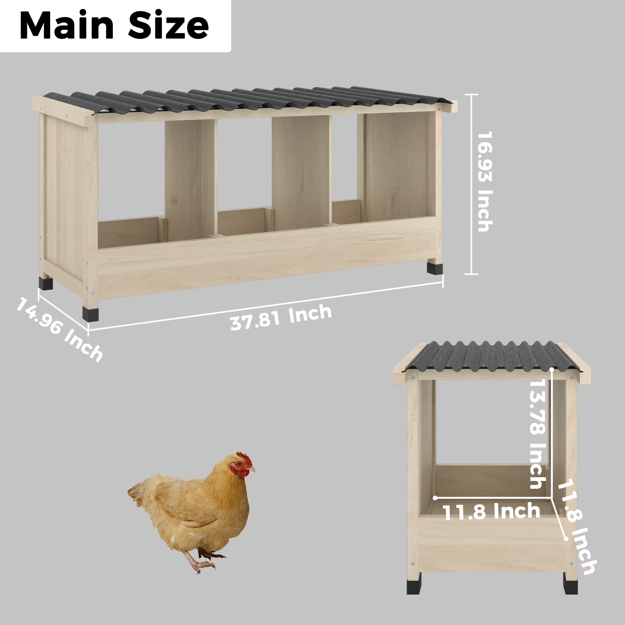 TIMHAKA Chicken Nesting Box, 3 Holes Wooden Chicken Coop w/ PVC Roof for Hens, Ducks, and Poultry
