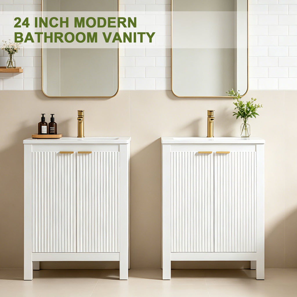 EVOKEDEN 24" Bathroom Vanity with Sink, Freestanding Vanity Cabinet with Soft-Close Doors, White
