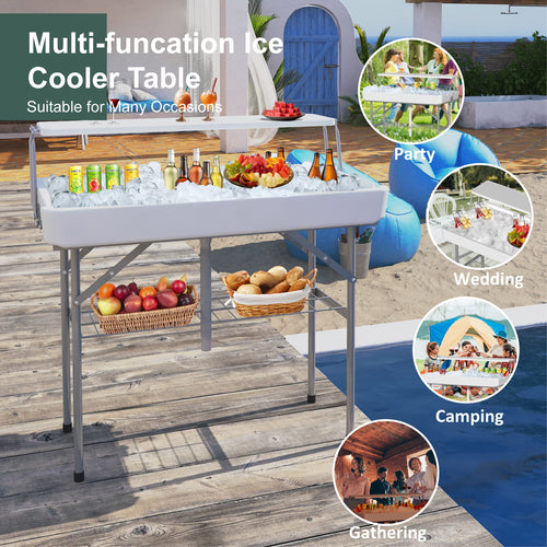 EVOKEDEN 2 Tiers 4 Foot Party Ice Cooler Table, Folding Tailgate Camp Fishing Cleaning with Matching Skirt & Drain Hose for BBQ, Camping, Picnic, White