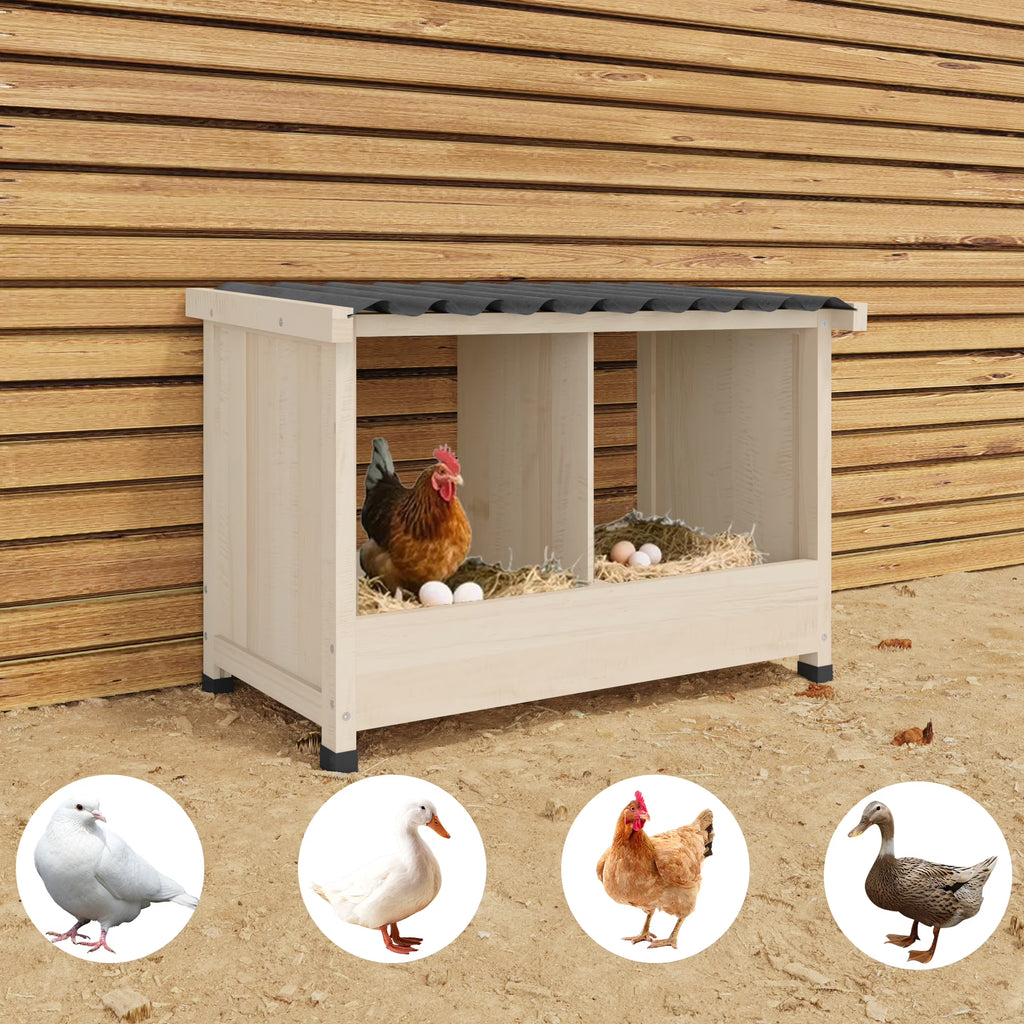 TIMHAKA Chicken Nesting Box, 2 Holes Wooden Chicken Coop w/ PVC Roof for Hens, Ducks, and Poultry