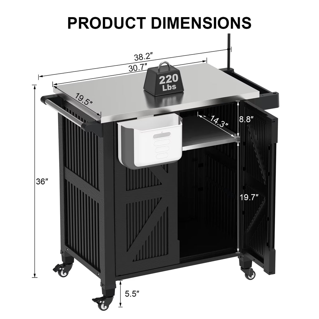 EVOKEDEN Outdoor Grill Cart with Storage Cabinet, Movable Kitchen Island with Wheels, PP Material Rolling BBQ Food Prep Table Cart for Patio, Black
