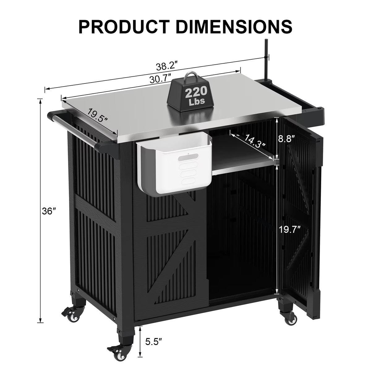 EVOKEDEN Outdoor Grill Cart with Storage Cabinet, Movable Kitchen Island with Wheels, PP Material Rolling BBQ Food Prep Table Cart for Patio, Black