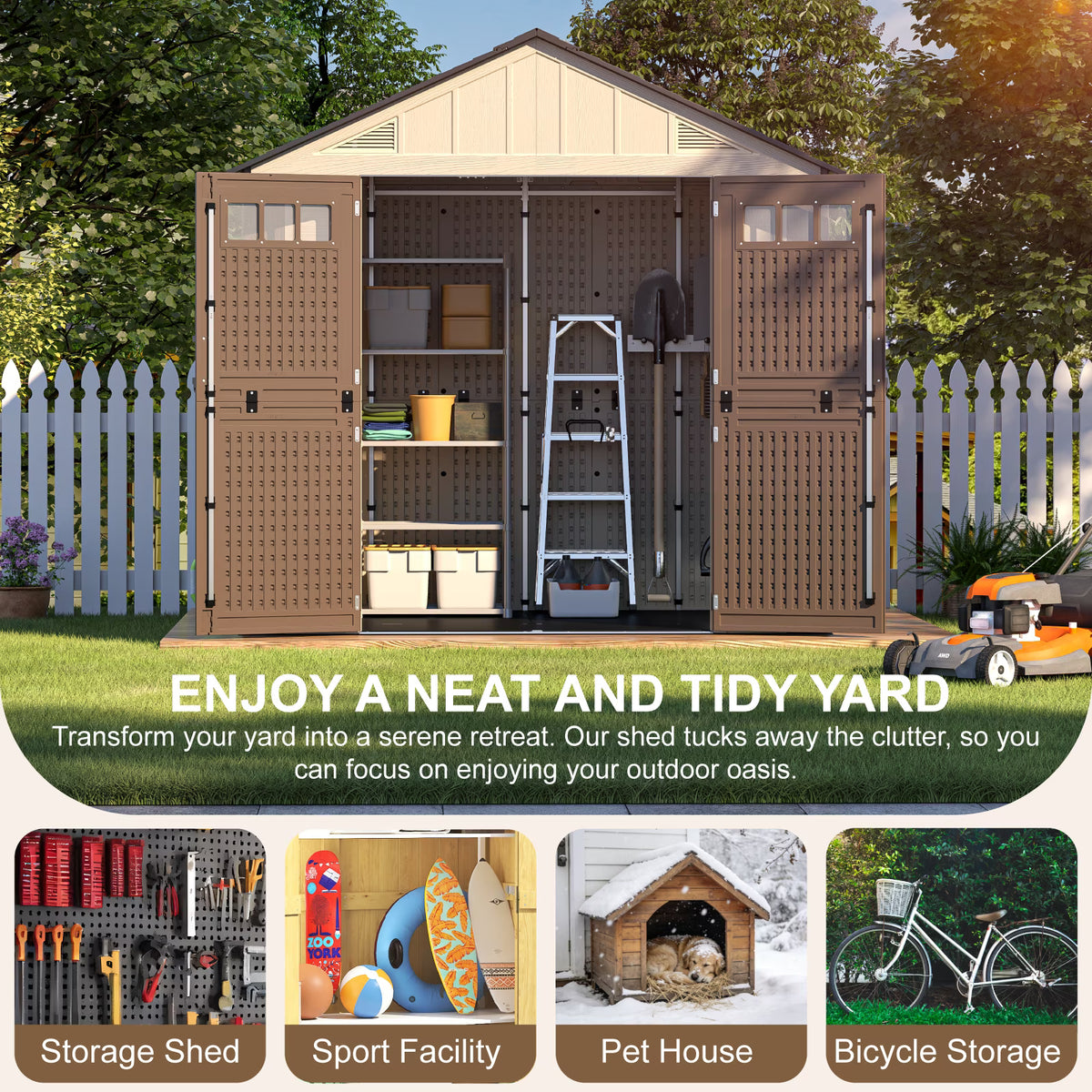 EVOKEDEN 8x6 FT Outdoor Storage Shed with Floor, Heavy Duty Durable Sheds with Double Doors, UV Resistant & Waterproof Garden Tool House for Backyard, Patio