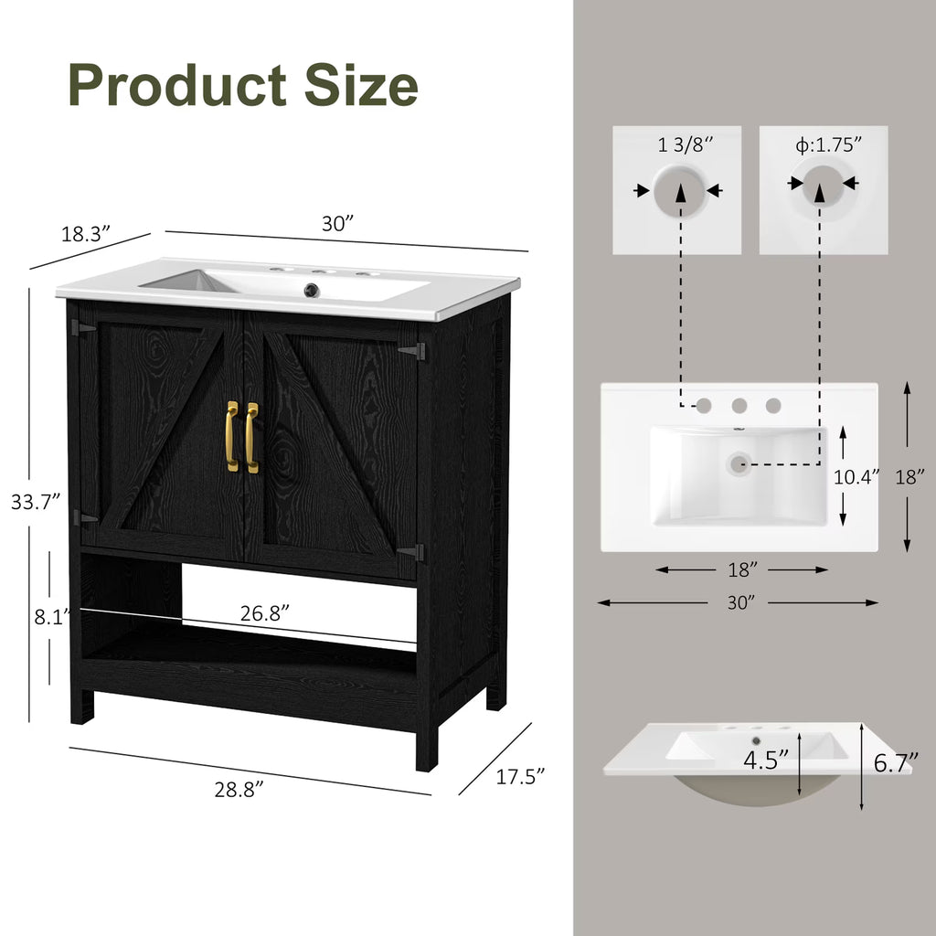 EVOKEDEN 30" Bathroom Vanity w/ Ceramic Sink & LED Light, Freestanding Storage Cabinet w/ Organizer, Black
