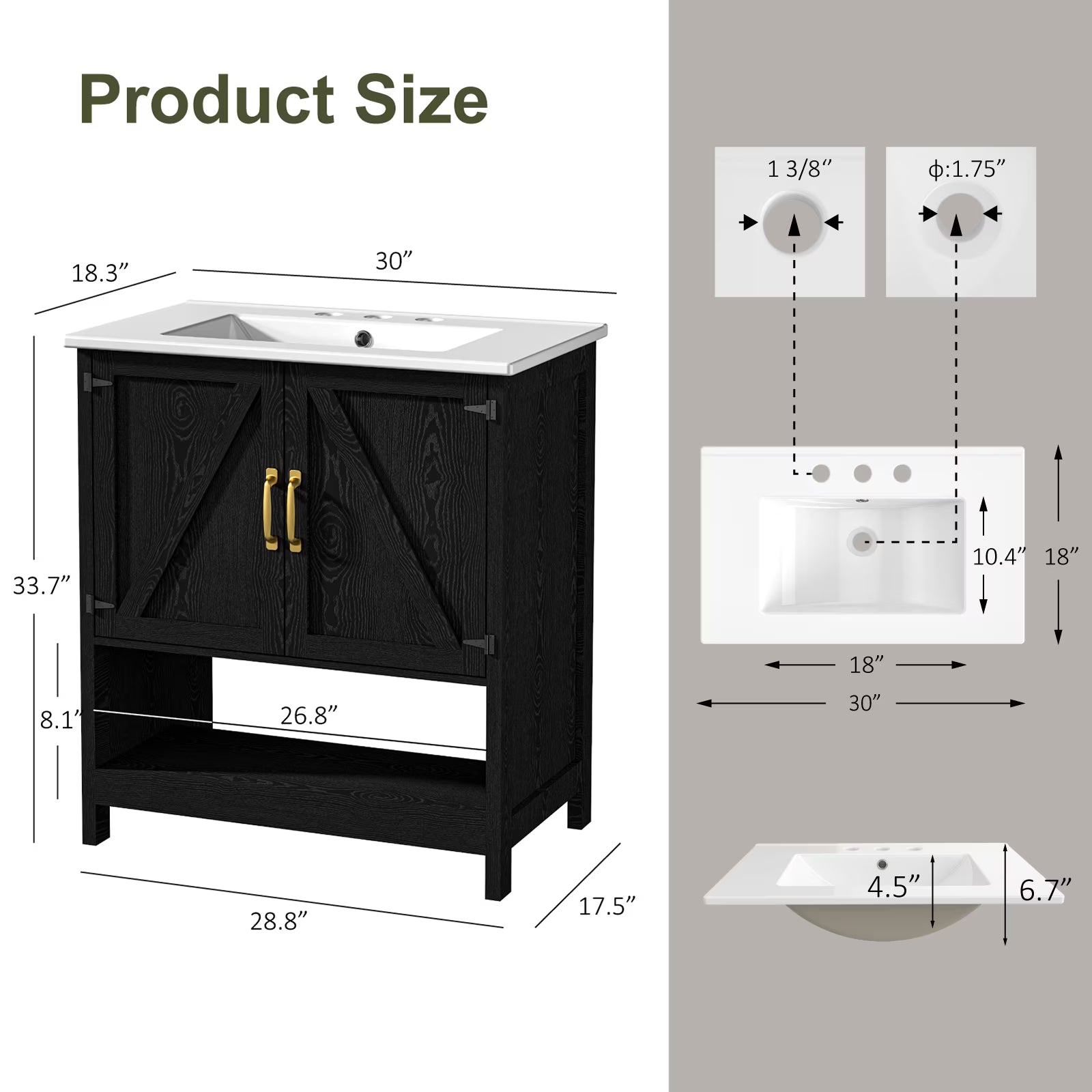 EVOKEDEN 30" Bathroom Vanity w/ Ceramic Sink & LED Light, Freestanding Storage Cabinet w/ Organizer, Black