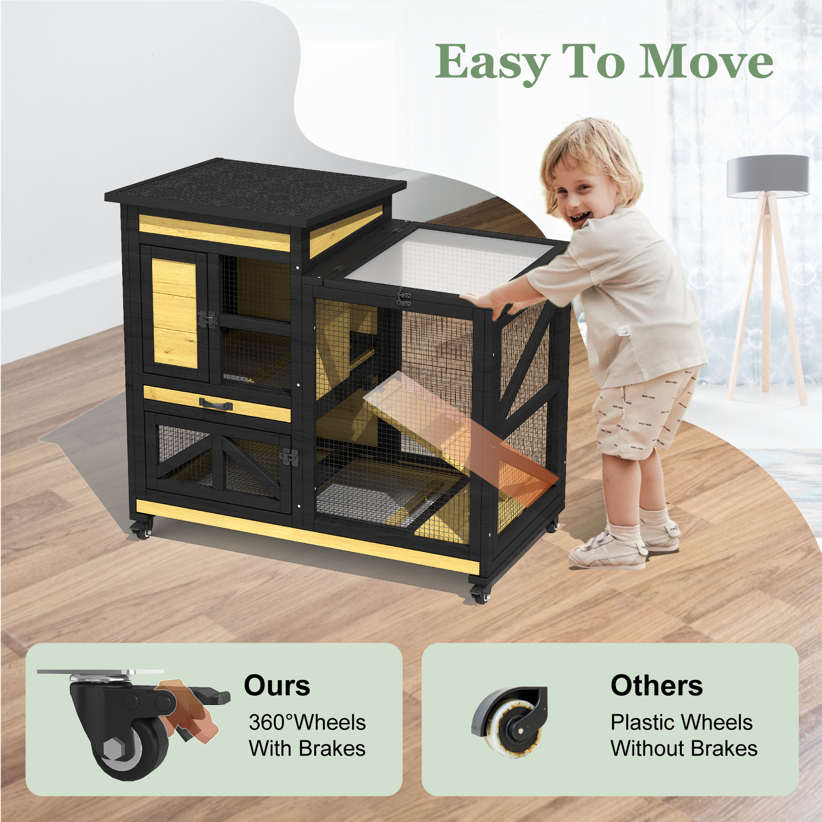 TIMHAKA Large 2-Story Rabbit Cage with Run – Indoor & Outdoor Bunny Hutch 2 Removable Trays, Waterproof Roof, 4 Metal Wheels