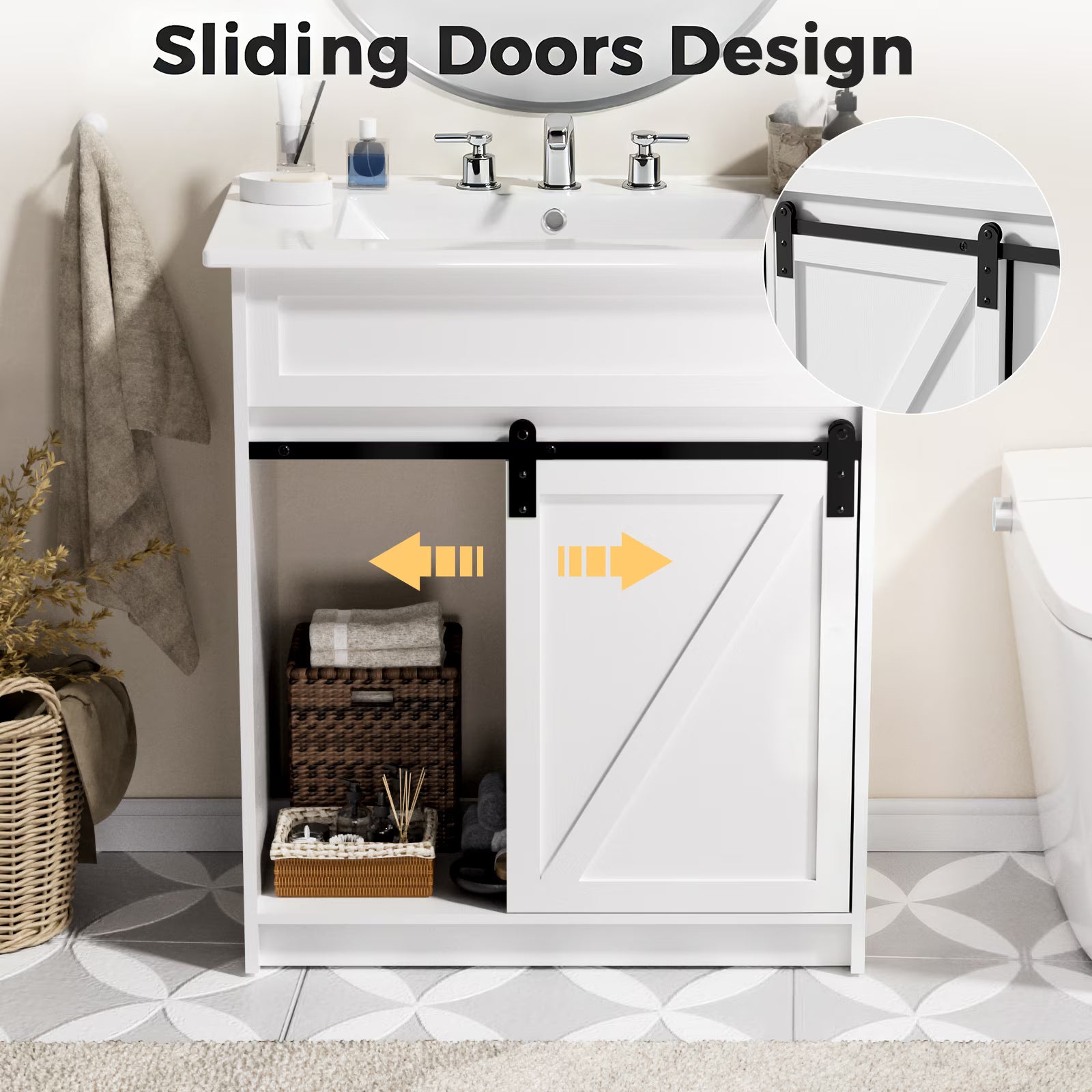 EVOKEDEN 30" Bathroom Vanity with Sink, Bathroom Storage Cabinet with Sliding Barn Door, Farmhouse Bathroom Cabinet with 3 Drawers, White