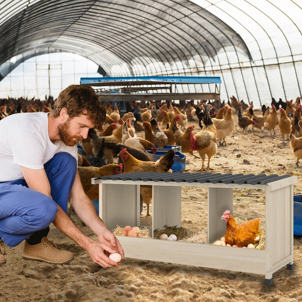 TIMHAKA Chicken Nesting Box, 3 Holes Wooden Chicken Coop w/ PVC Roof for Hens, Ducks, and Poultry