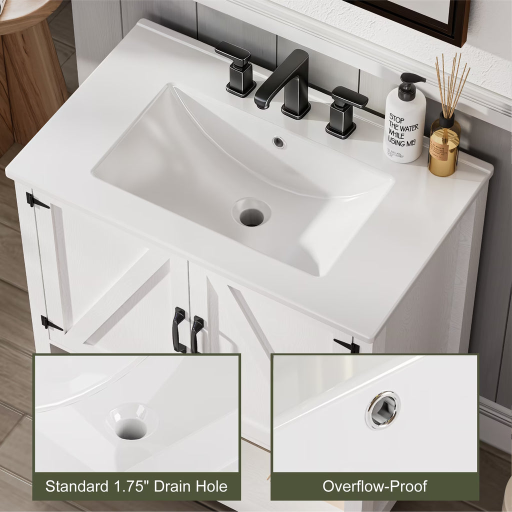 EVOKEDEN 30" Bathroom Vanity w/ Ceramic Sink & LED Light, Freestanding Storage Cabinet w/ Organizer, White