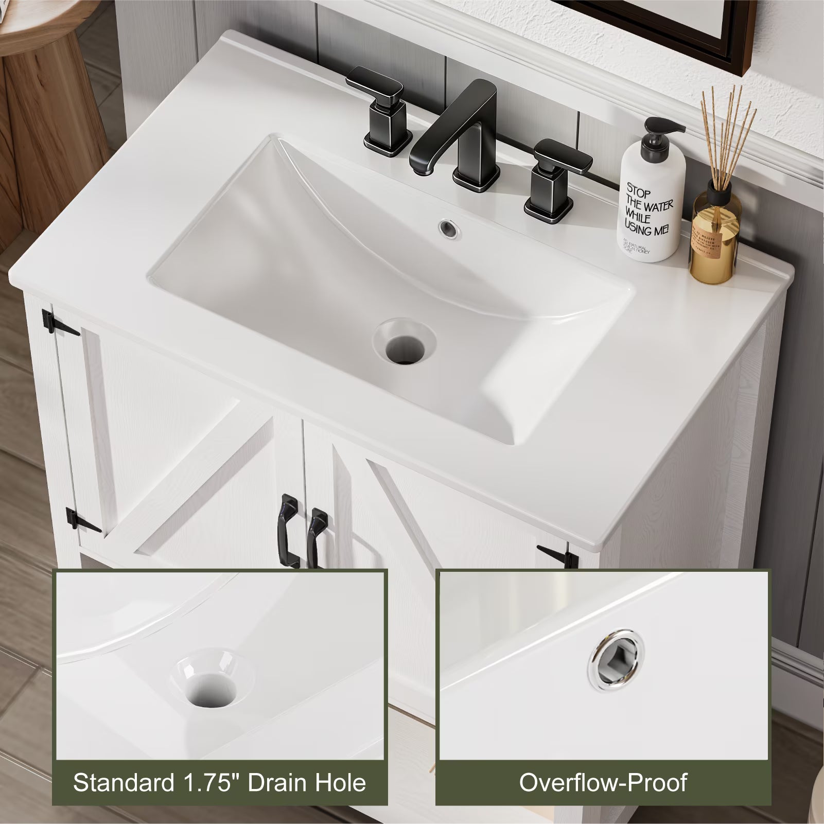 EVOKEDEN 30" Bathroom Vanity w/ Ceramic Sink & LED Light, Freestanding Storage Cabinet w/ Organizer, White