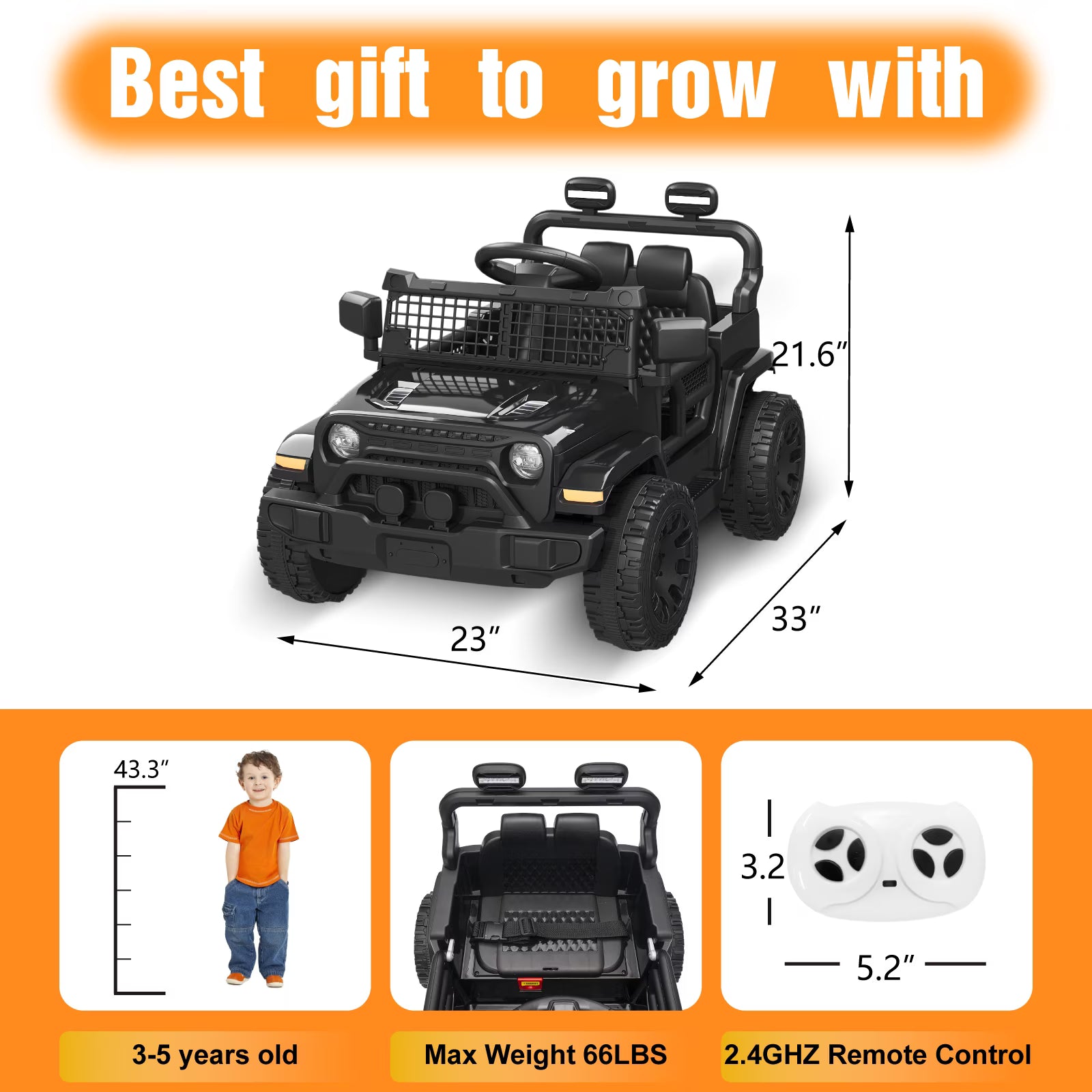 EVOKEDEN 12V Remote Control Ride On Car for Kids, Electric Toddler Car with Spring Suspension, LED Lights & Music, Black