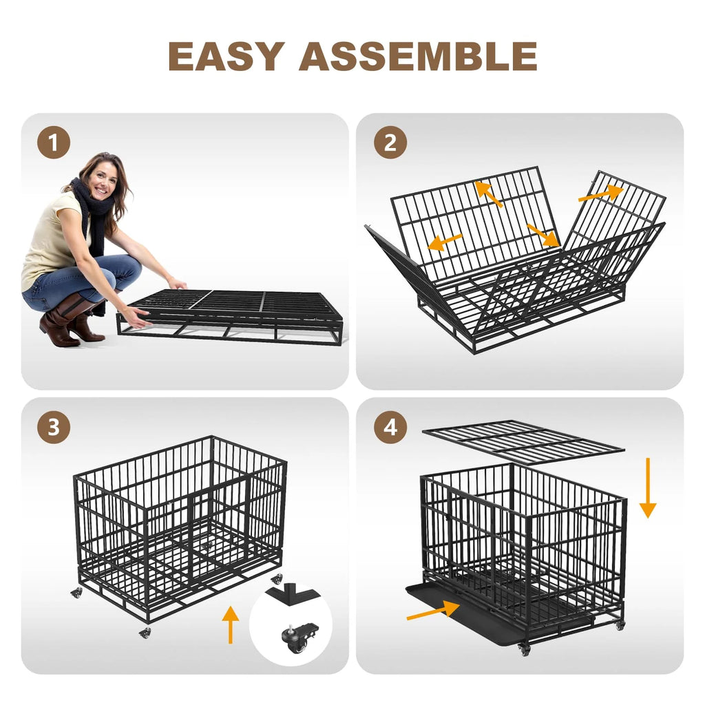 TIMHAKA Heavy Duty 2-Door 48" Pet Kennel and Crate for Large Dogs with Wheels