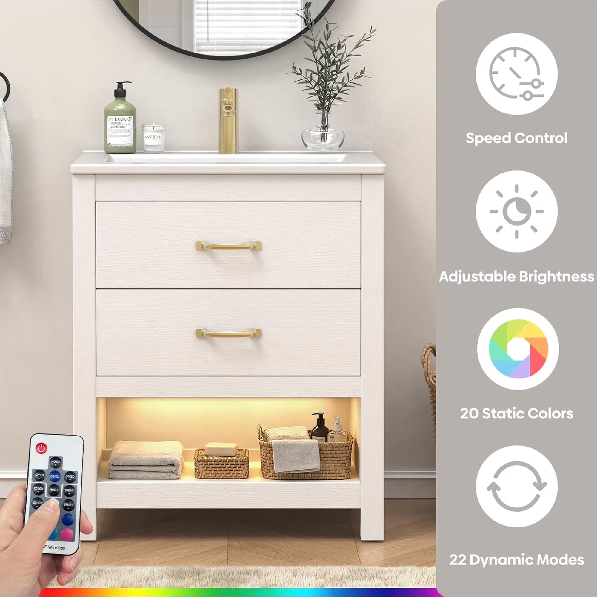 EVOKEDEN 24” Bathroom Vanity with Sink, Modern Bathroom Cabinet Set with LED Light for Small Space, 2 Soft-Close Drawers with Organizer, White