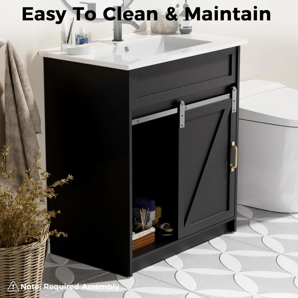 EVOKEDEN 30" Bathroom Vanity with Sink, Bathroom Storage Cabinet with Sliding Barn Door, Farmhouse Bathroom Cabinet with 3 Drawers, Black