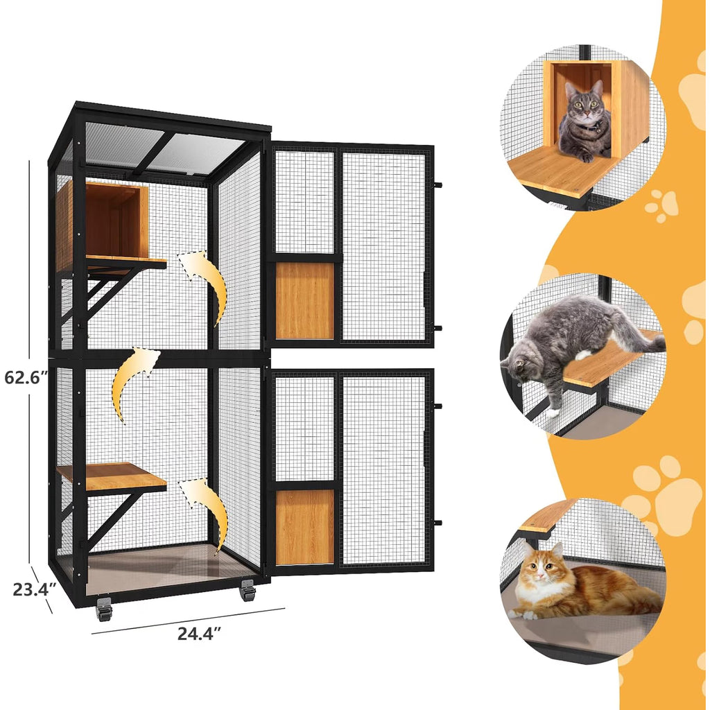 TIMHAKA Outdoor Cat Catio Enclosure, 4 Tiers Indoor Catio w/ Wheels, Resting Box, Waterproof Roof, Black & Yellow