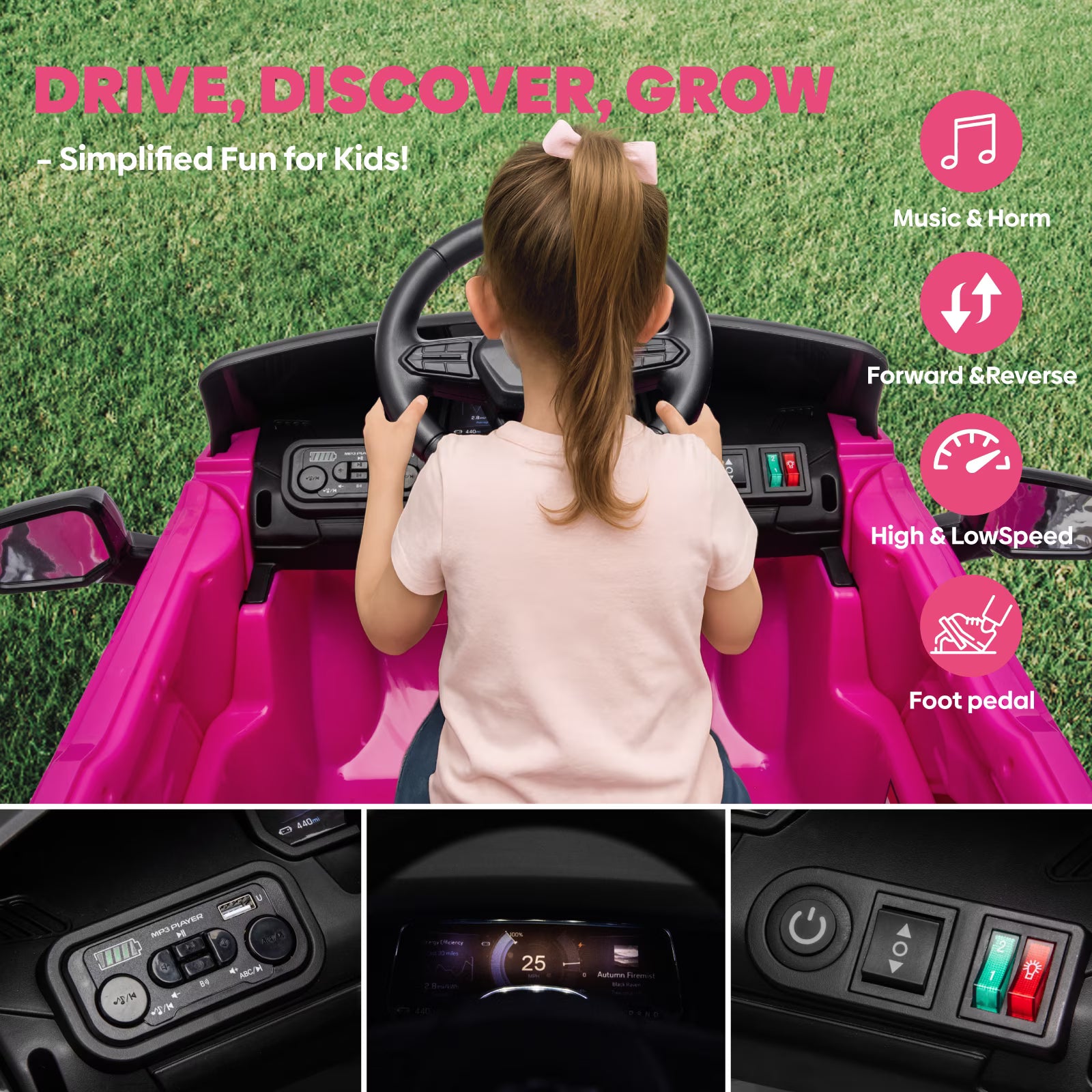 EVOKEDEN 24V Licensed Chevrolet Silverado Electric Car for Kids, Ride on Toys for Toddlers with Remote Control, Soft Start, LED Lights, Music Player, Seat Belts, Pink