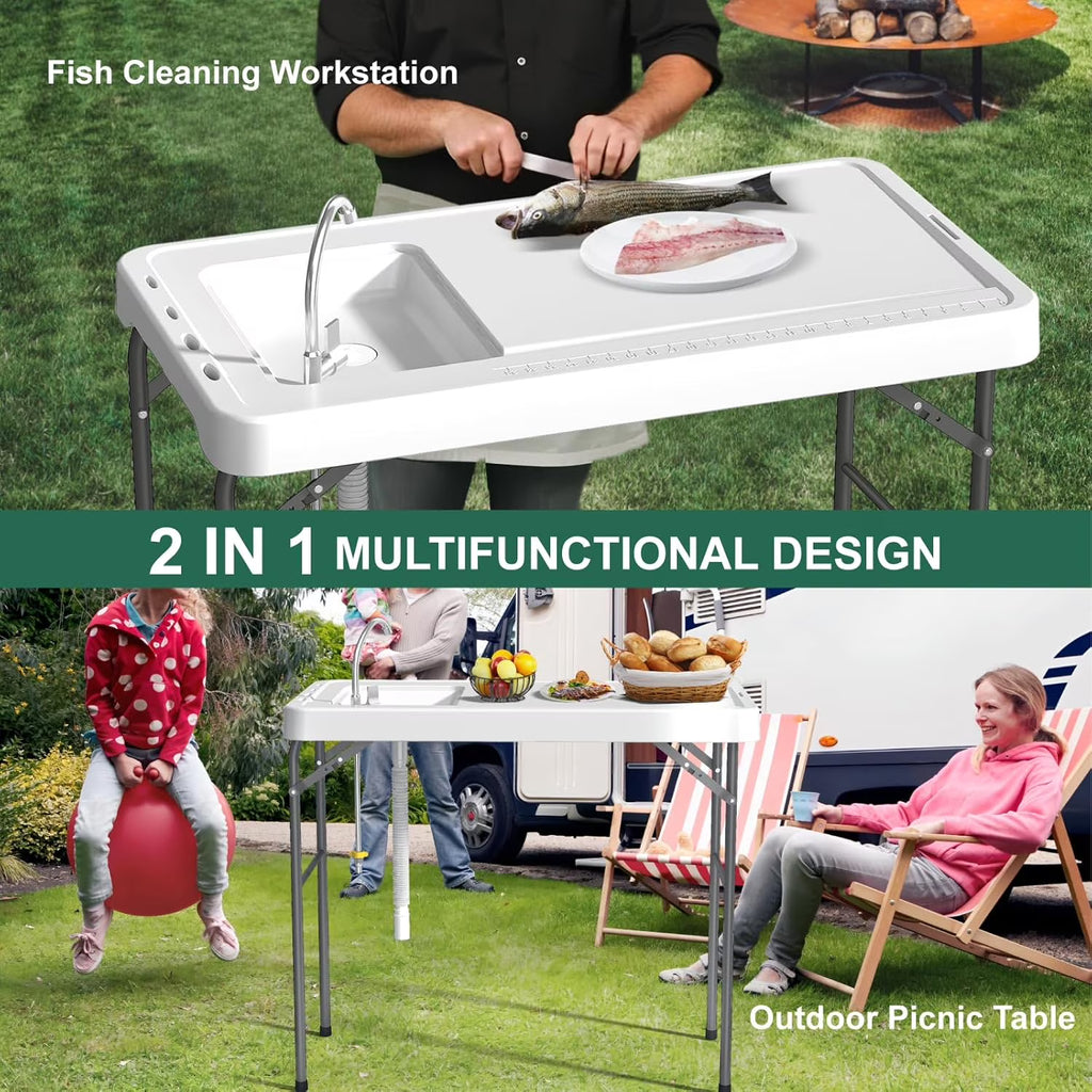 EVOKEDEN 42.5" Fish Cleaning Table w/ Sink, Folding Camping Table & Fish Cleaning Station w/ Measure Mark
