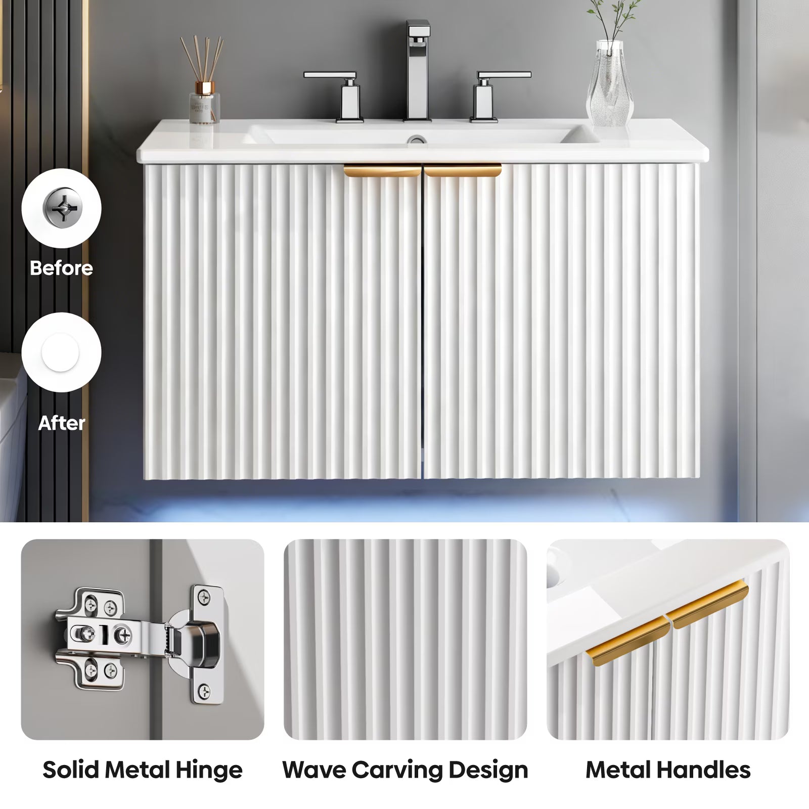 EVOKEDEN 30" Wall Mounted Floating Vanity Cabinet w/ LED Light, Metal Handle & Double Soft-Close Doors, White