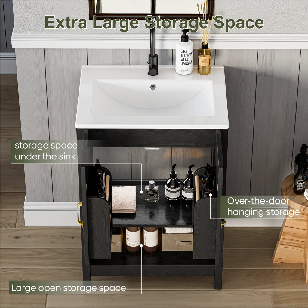 EVOKEDEN 24" Bathroom Vanity with Sink, Freestanding Modern Cabinet Vanity with LED Light, 2 Soft Closing Cabinet Door with Organizer, Black