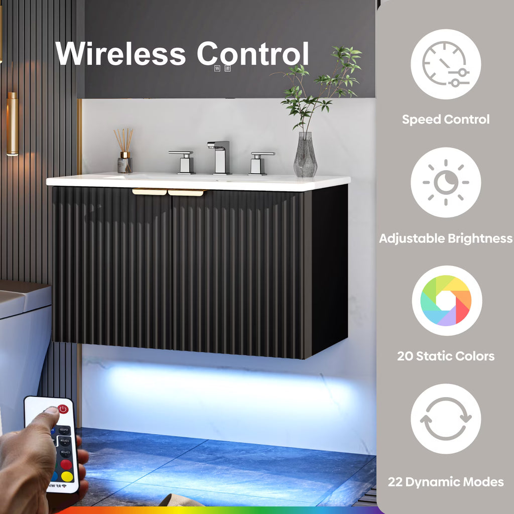 EVOKEDEN 30" Wall Mounted Floating Vanity Cabinet w/ LED Light, Metal Handle & Double Soft-Close Doors, Black