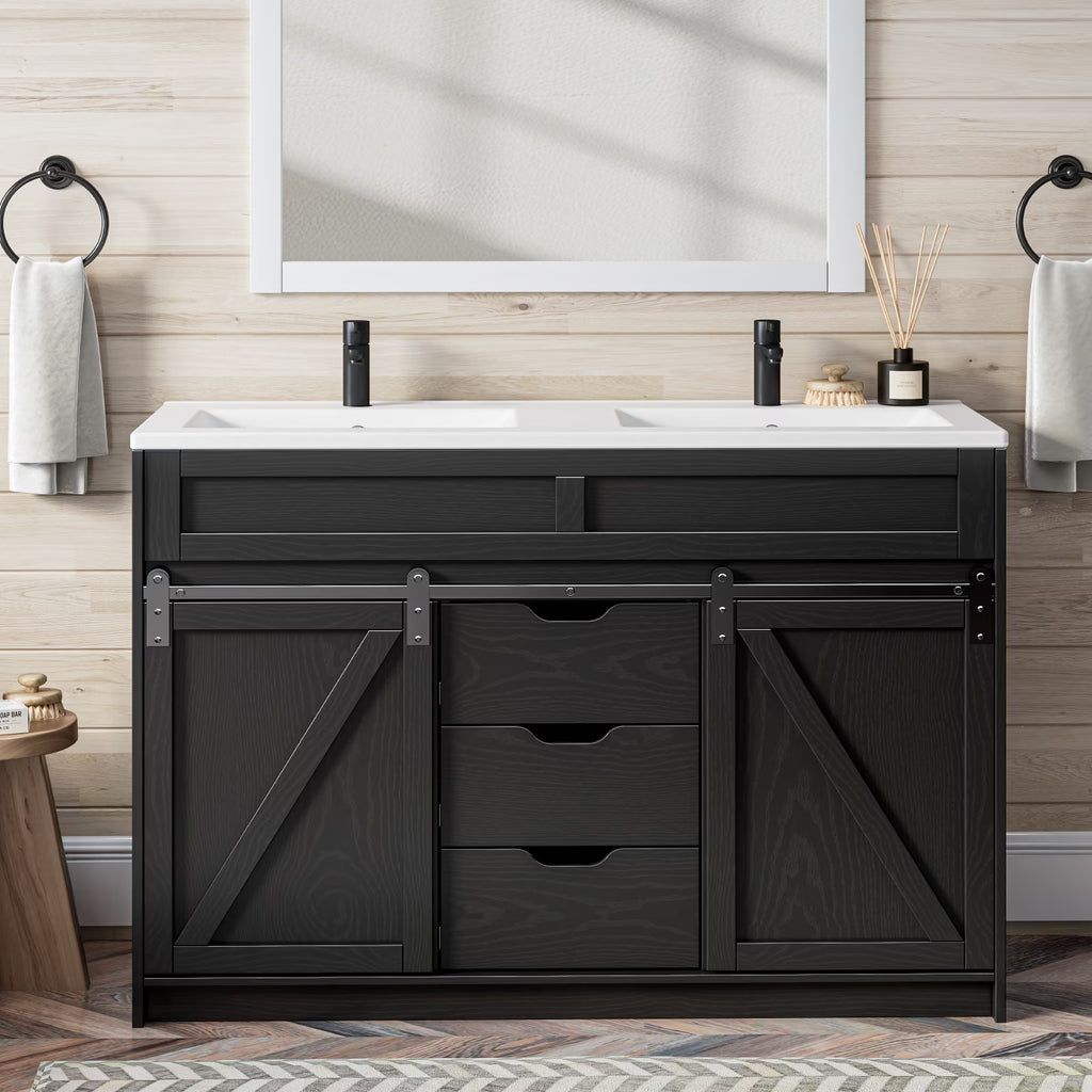 EVOKEDEN 48" Bathroom Vanity with Double Sink Combo, Farmhouse Bathroom Cabinet Set with Sliding Barn Door & 3 Drawers, Black