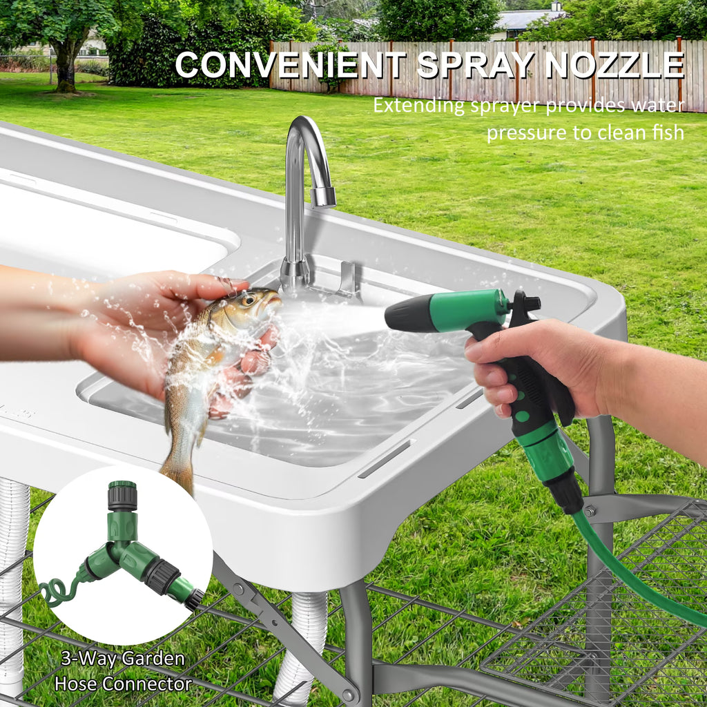 EVOKEDEN 42.5" Fish Cleaning Table w/ Dual Sink, Portable Folding Camping Table w/ Foldable Extension Stand, Outdoor Sink Station for Picnic
