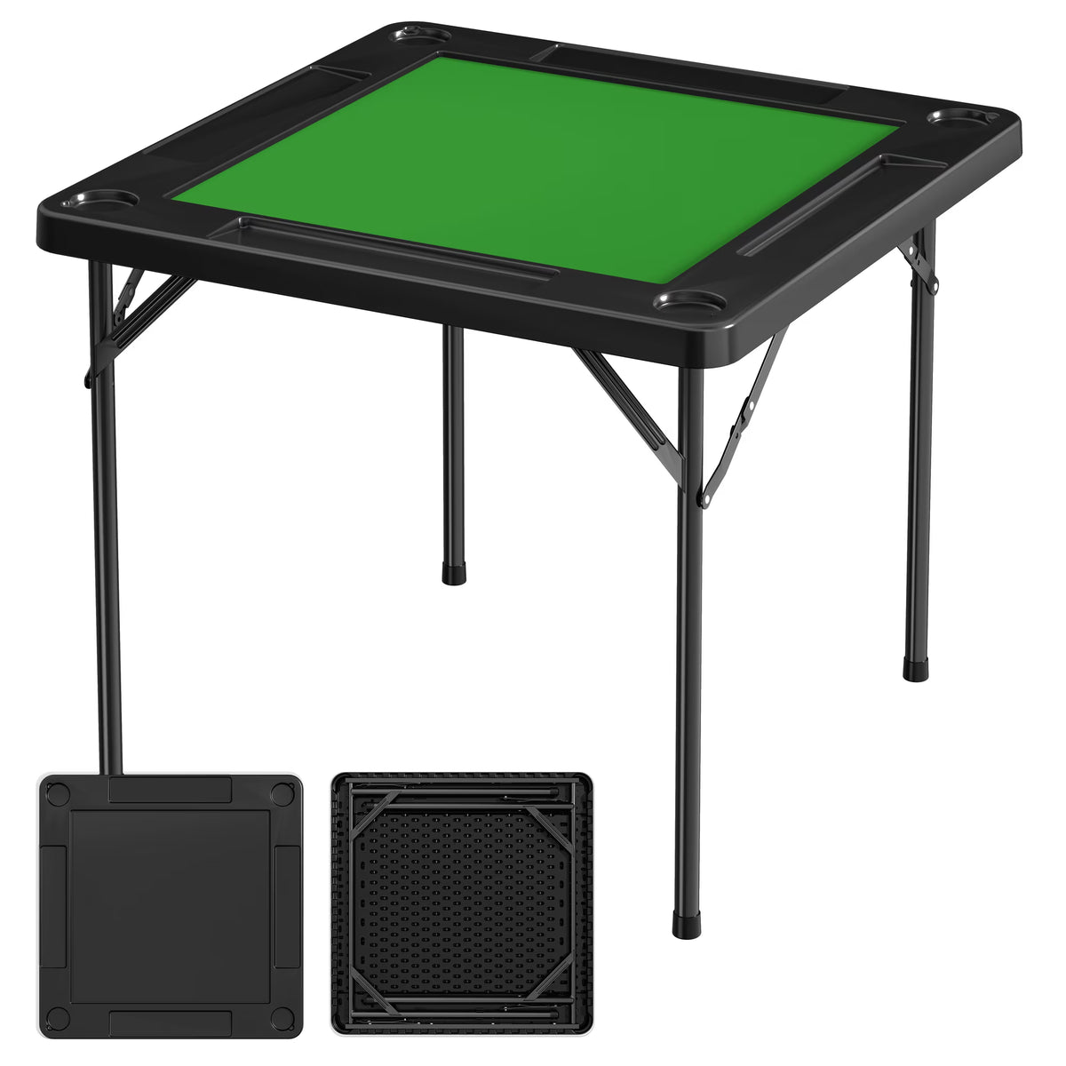 EVOKEDEN 35.4" Folding Mahjong Table with Cup Holder & Green Felt, Portable Domino Tables for 4 Players, Black
