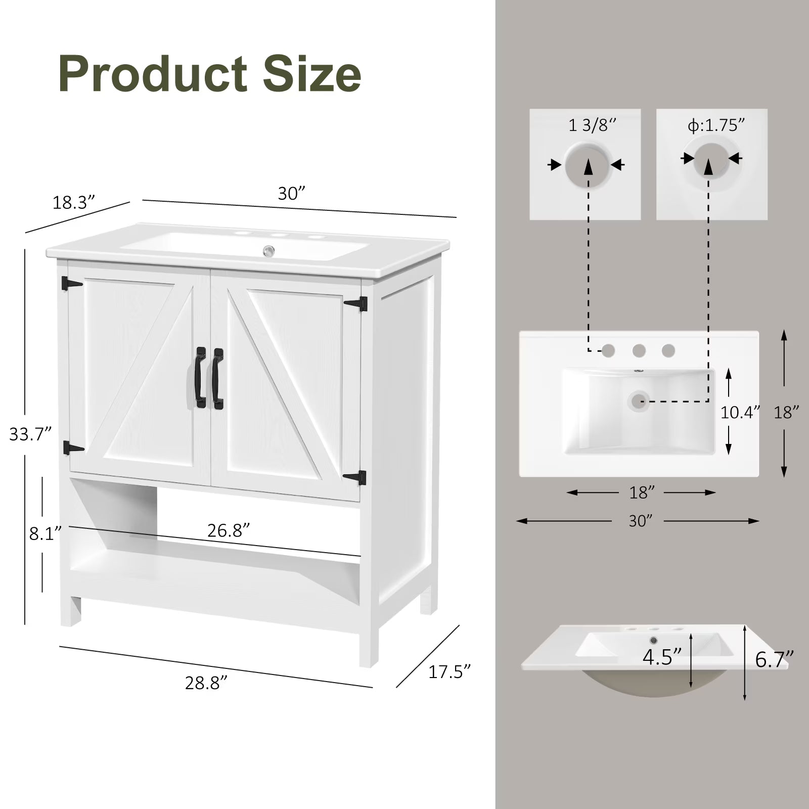 EVOKEDEN 30" Bathroom Vanity w/ Ceramic Sink & LED Light, Freestanding Storage Cabinet w/ Organizer, White