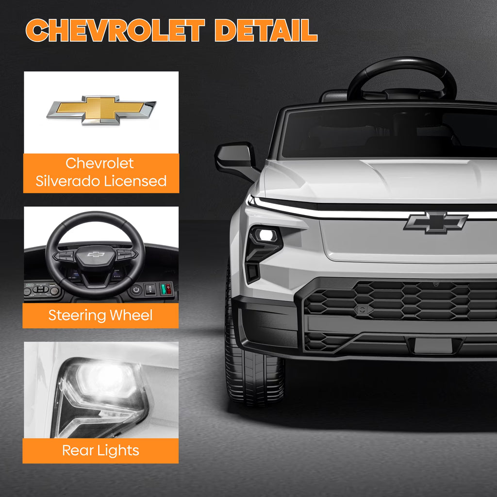 EVOKEDEN 24V Licensed Chevrolet Silverado Electric Car for Kids, Ride on Toys for Toddlers with Remote Control, Soft Start, LED Lights, Music Player, Seat Belts, White