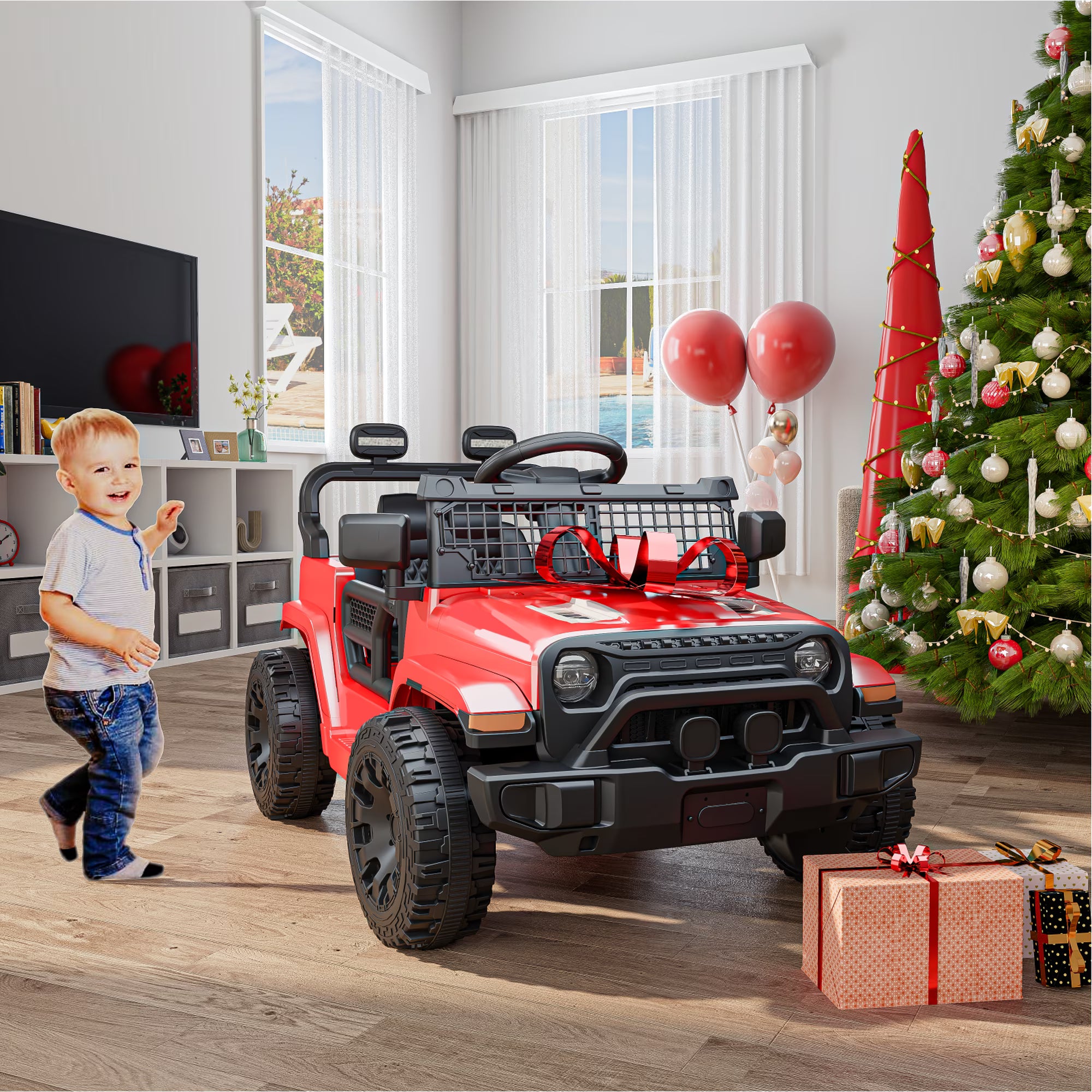 EVOKEDEN 12V Remote Control Ride On Car for Kids, Electric Toddler Car with Spring Suspension, LED Lights & Music, Red