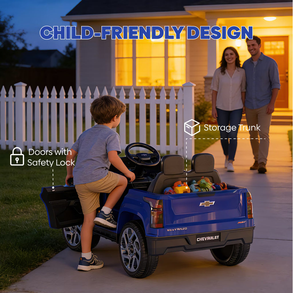 EVOKEDEN 24V Licensed Chevrolet Silverado Electric Car for Kids, Ride on Toys for Toddlers with Remote Control, Soft Start, LED Lights, Music Player, Seat Belts, Blue