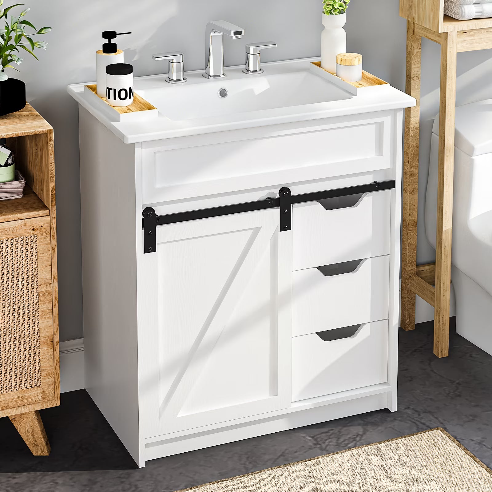 EVOKEDEN 30" Bathroom Vanity with Sink, Bathroom Storage Cabinet with Sliding Barn Door, Farmhouse Bathroom Cabinet with 3 Drawers, White