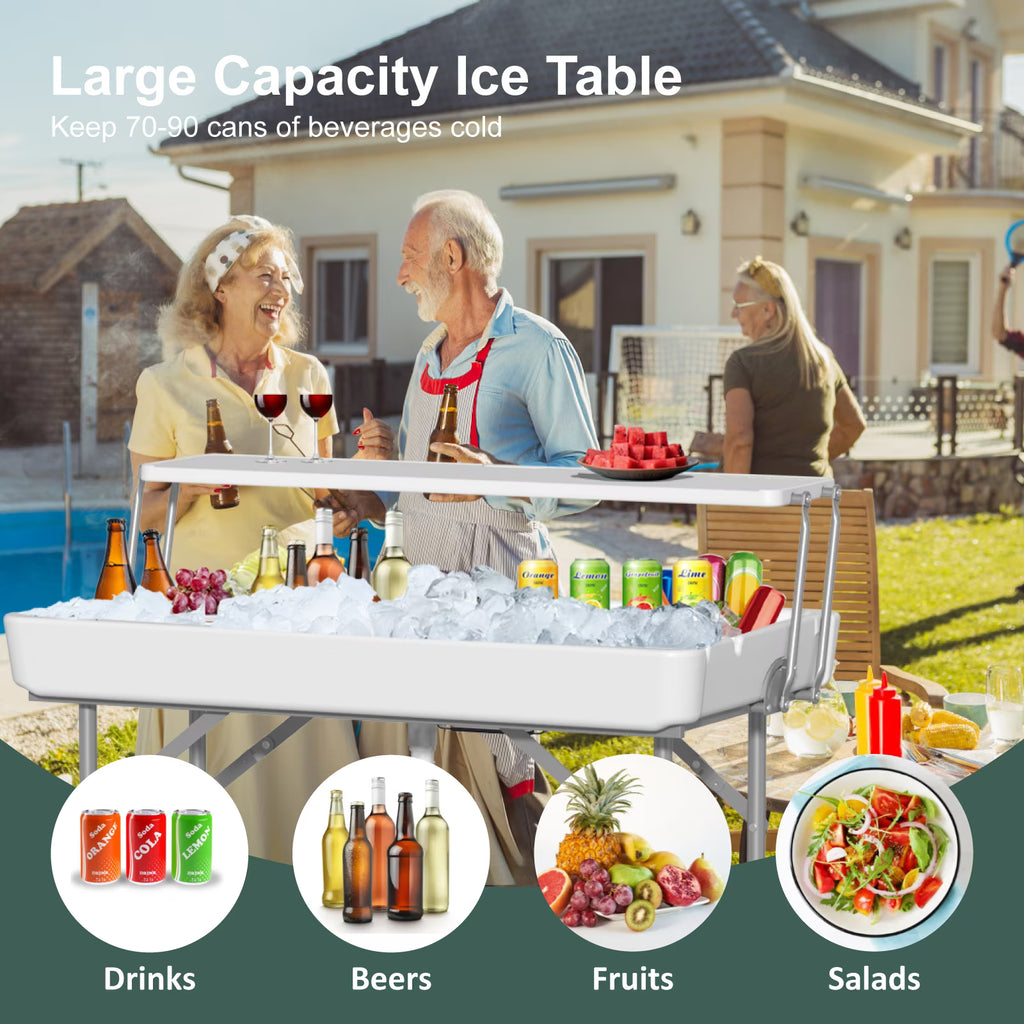 EVOKEDEN 2 Tiers 4 Foot Party Ice Cooler Table, Folding Tailgate Camp Fishing Cleaning with Matching Skirt & Drain Hose for BBQ, Camping, Picnic, White