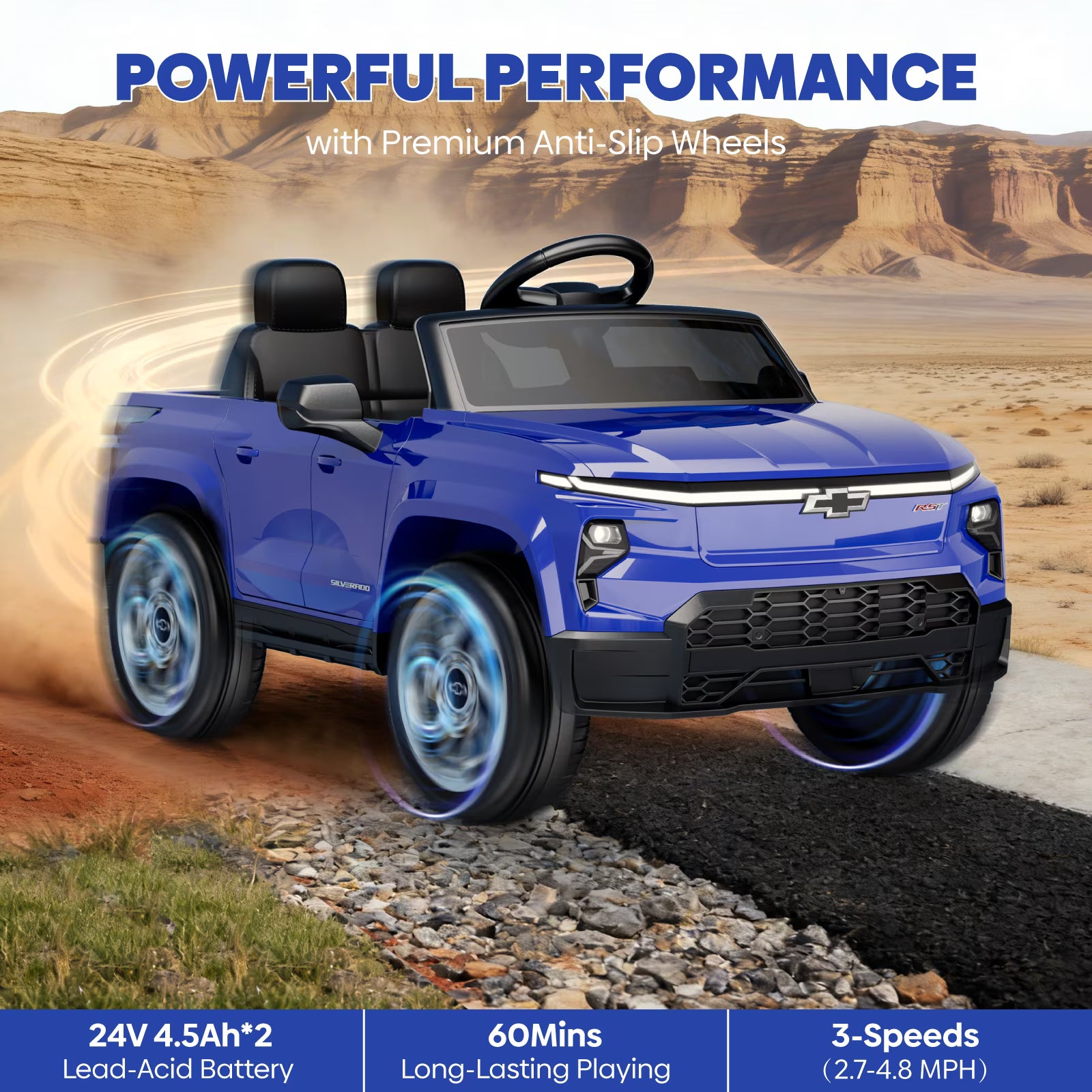 EVOKEDEN 24V Licensed Chevrolet Silverado Electric Car for Kids, Ride on Toys for Toddlers with Remote Control, Soft Start, LED Lights, Music Player, Seat Belts, Blue