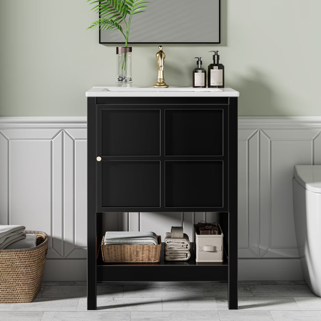 EVOKEDEN 24" Bathroom Vanity with Sink, Small Farmhouse Freestanding Bathroom Cabinet Combo Set, Soft Closing Door and Open Storage Shelf, Black