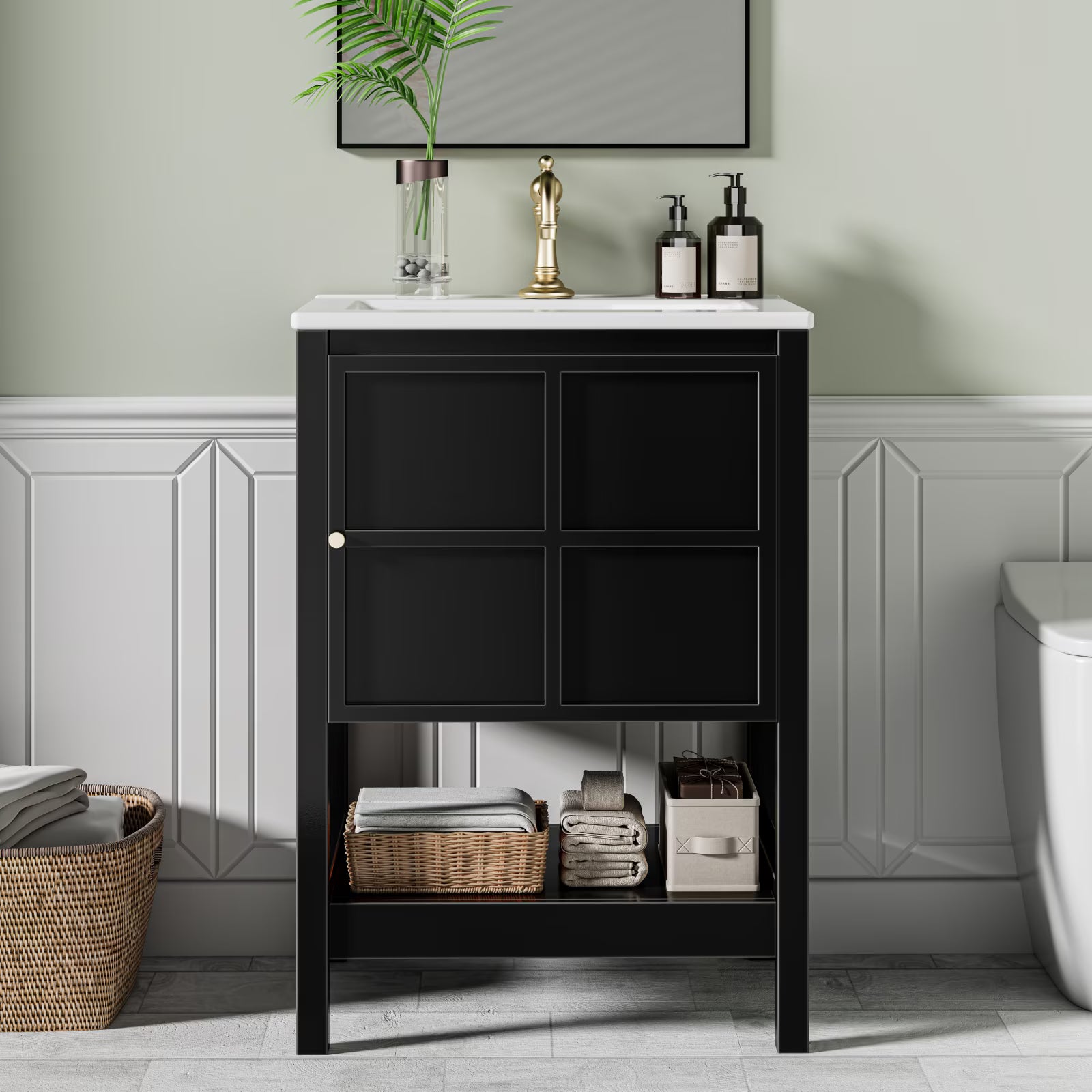 EVOKEDEN 24" Bathroom Vanity with Sink, Small Farmhouse Freestanding Bathroom Cabinet Combo Set, Soft Closing Door and Open Storage Shelf, Black
