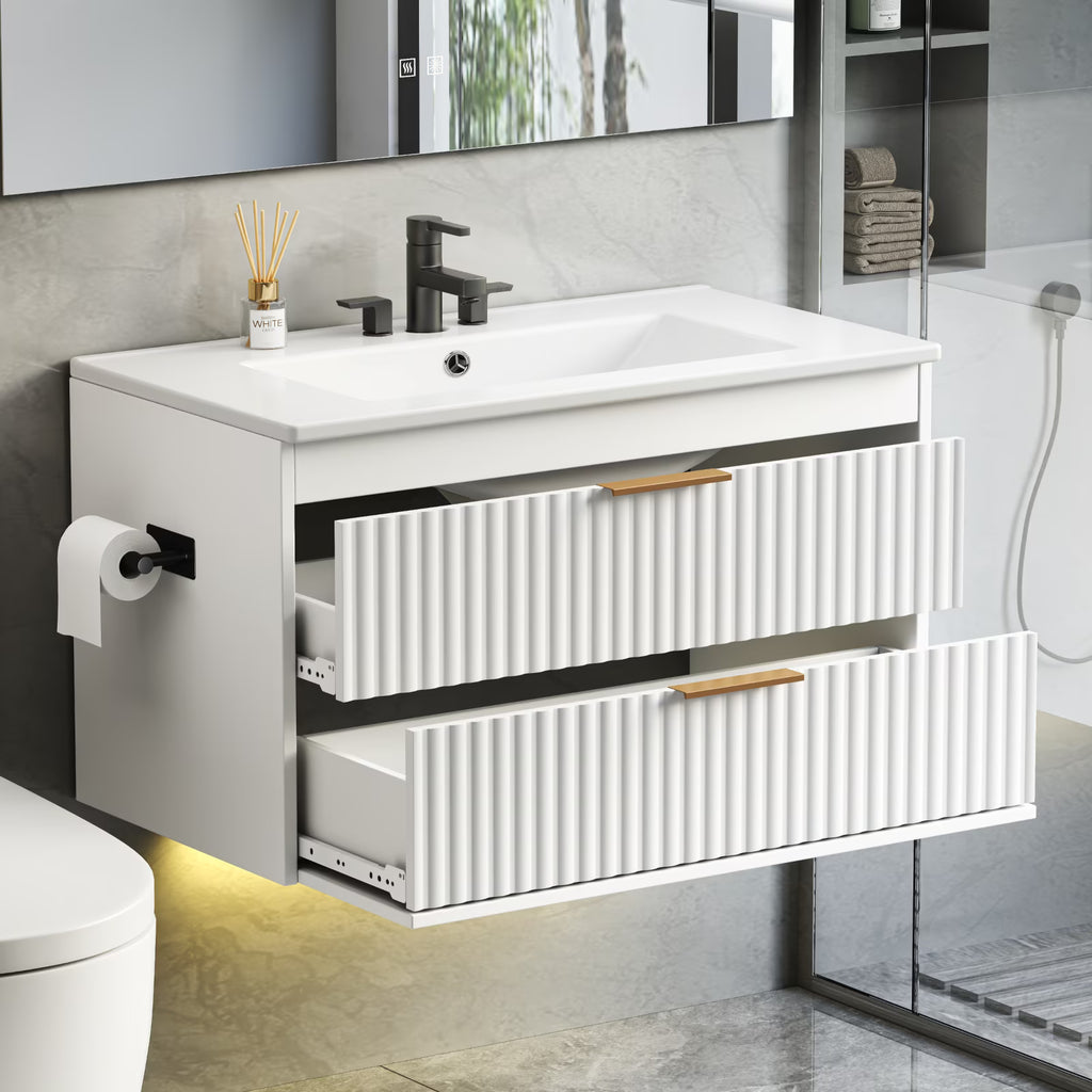 EVOKEDEN 30” Floating Bathroom Vanity with Sink, Wall-Mounted Vanity with 2 Drawers & LED Light, White