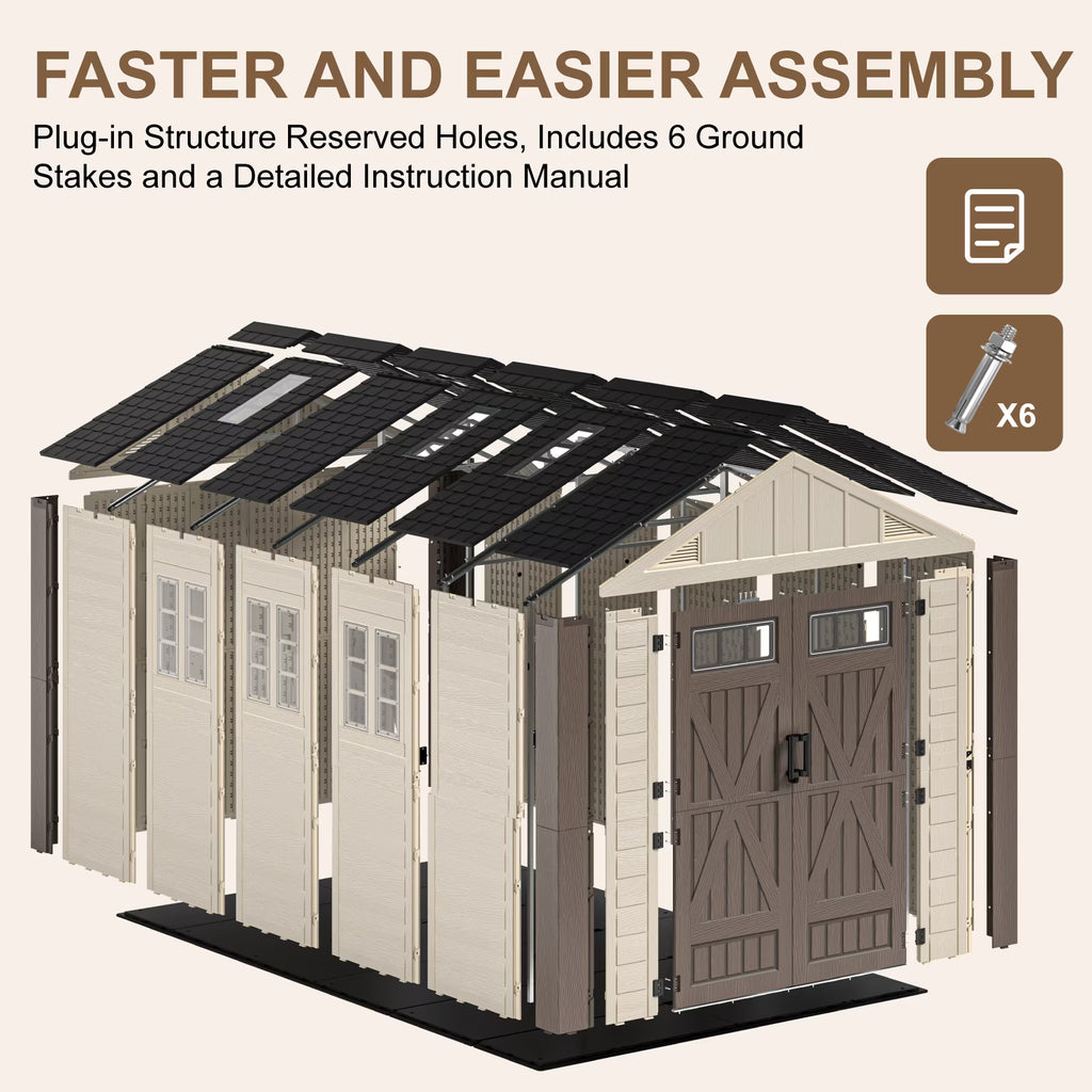 EVOKEDEN 8x12 FT Outdoor Storage Shed with Floor, Waterproof HDPE Garden Tool House with Window & Skylight for Backyard Patio Lawn Pool Mower Bike Supplies