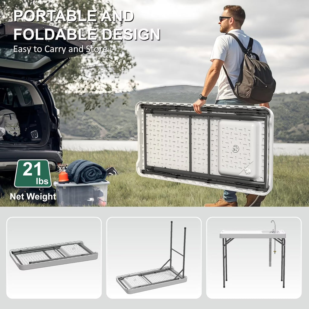 EVOKEDEN 42.5" Fish Cleaning Table w/ Sink, Folding Camping Table & Fish Cleaning Station w/ Measure Mark
