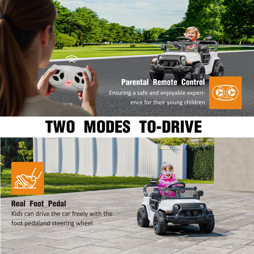 EVOKEDEN 12V Remote Control Ride On Car for Kids, Electric Toddler Car with Spring Suspension, LED Lights & Music, White